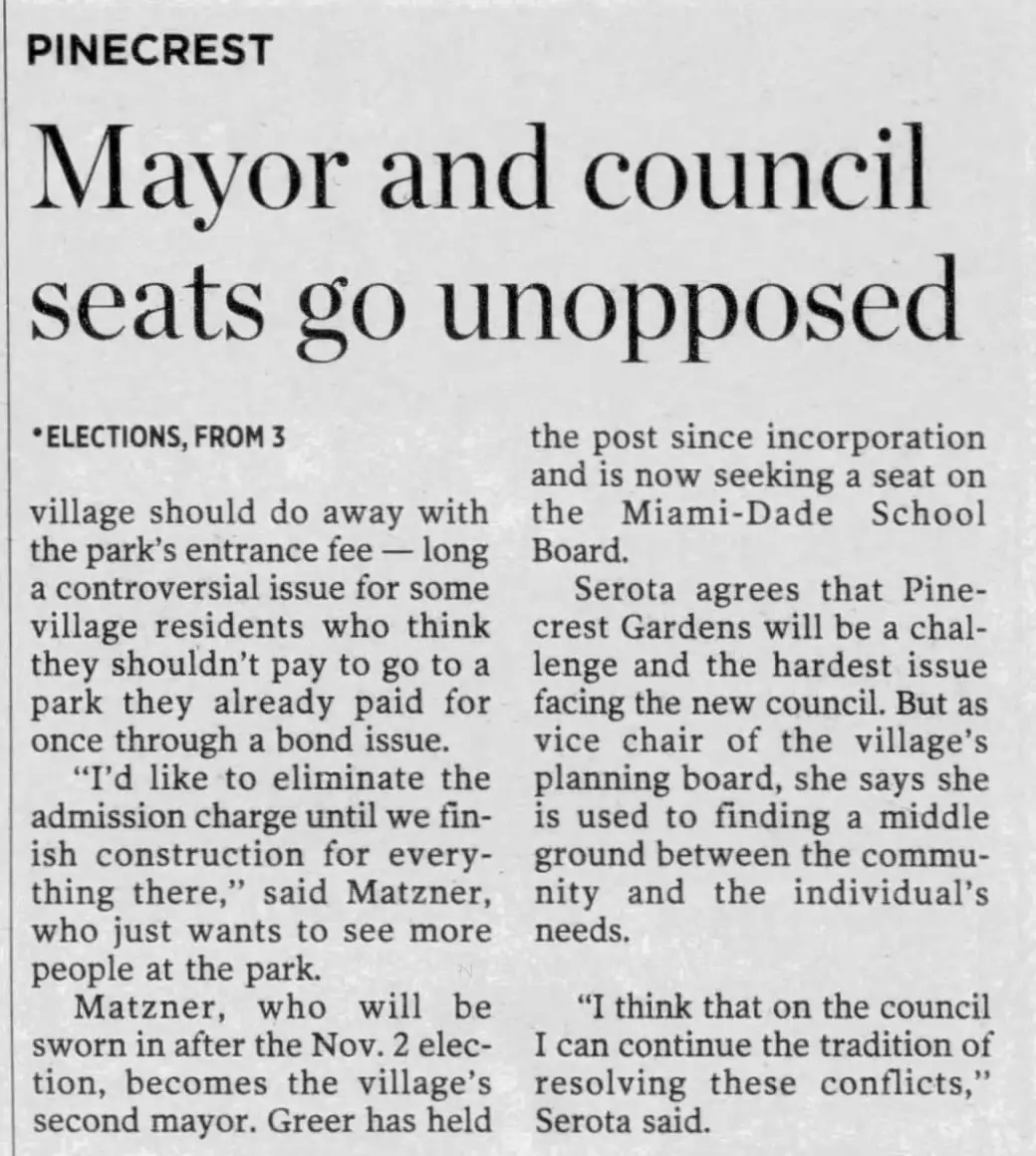Miami Herald scan of "Activist unopposed for mayor", printed page 10