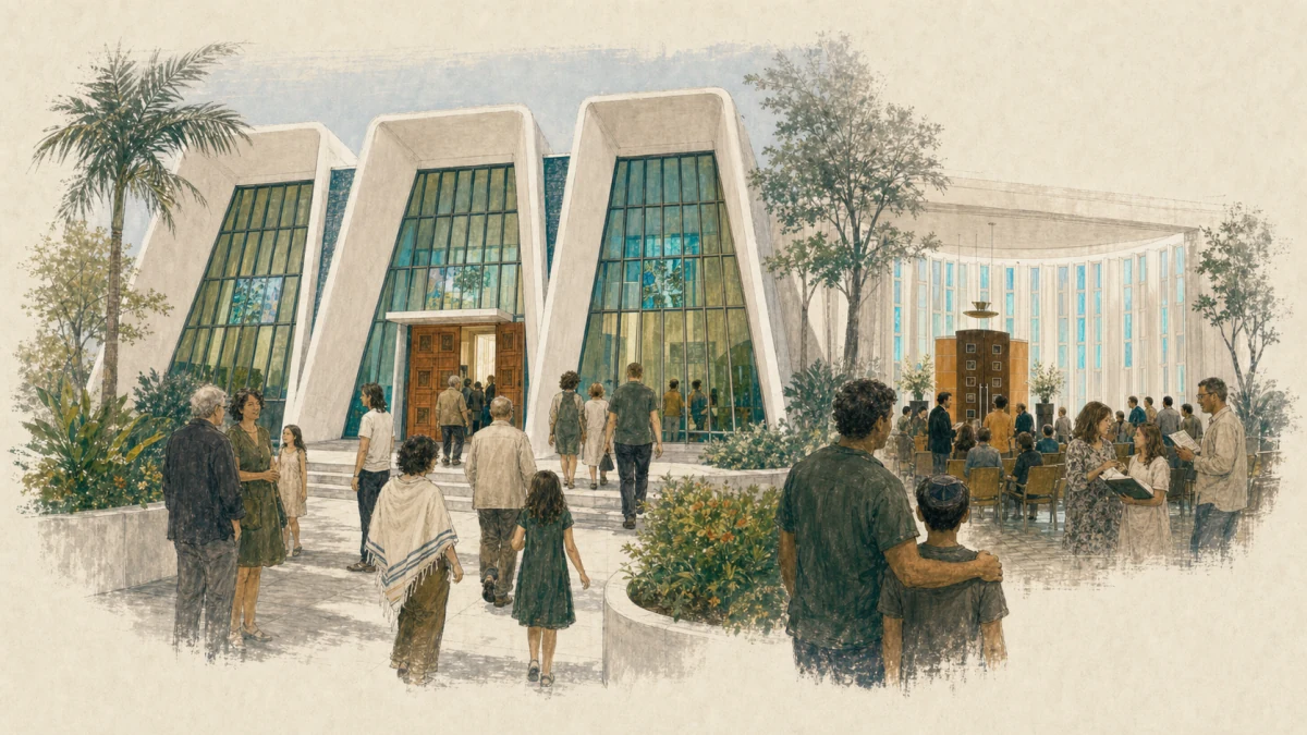 Illustration of Temple Judea’s three-arched facade and a multigenerational congregation.