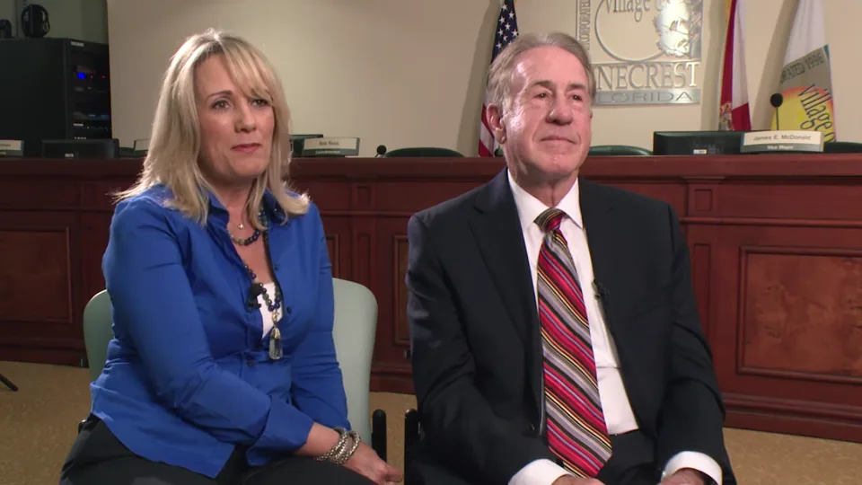 Gary and Veronica Matzner seated together in the Pinecrest council chamber.