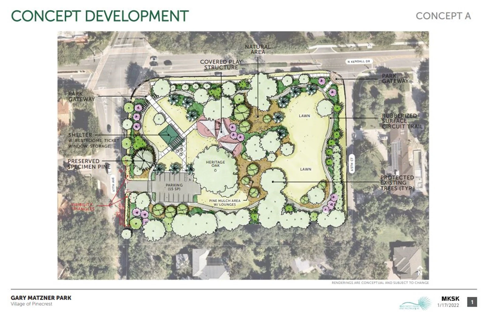 Concept plan for Gary C. Matzner Park showing lawns, paths, a playground, and preserved trees.